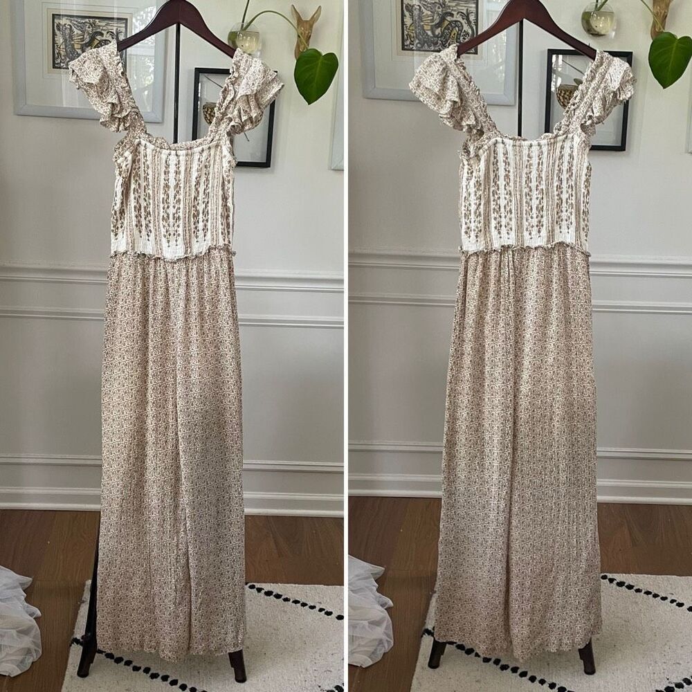 Sim & Sam Smocked Top Jumpsuit Natural Ivory Calico S